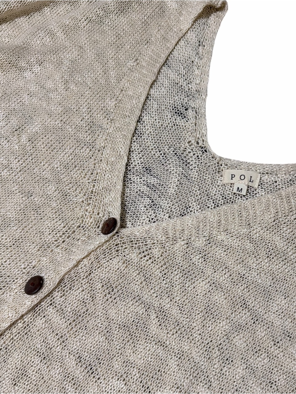 POL beige open-knit button cardigan. Short front. Longer back. Super soft.